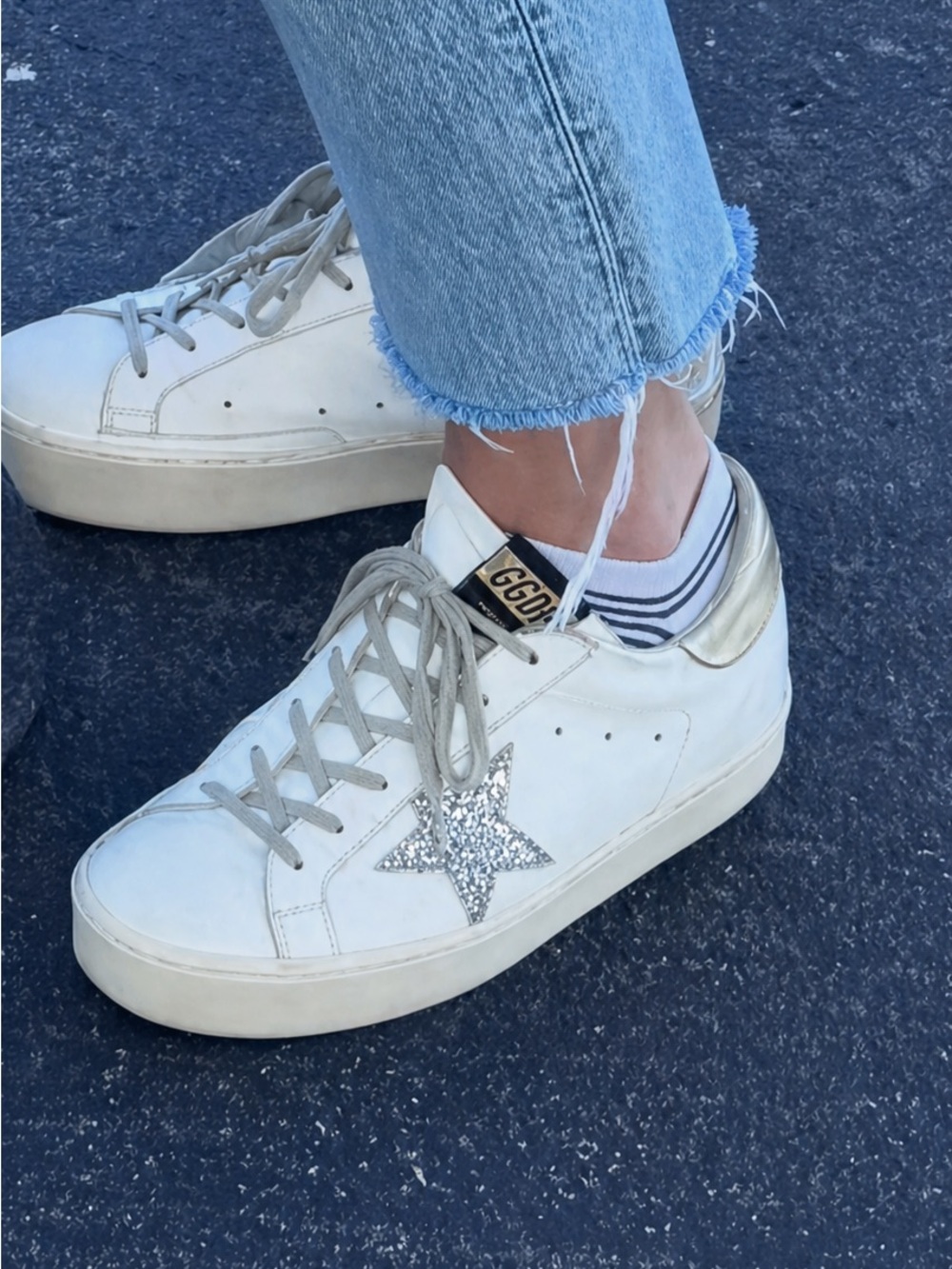 Golden Goose White Leather Sneakers with Gold Accent & Silver Glitter Star